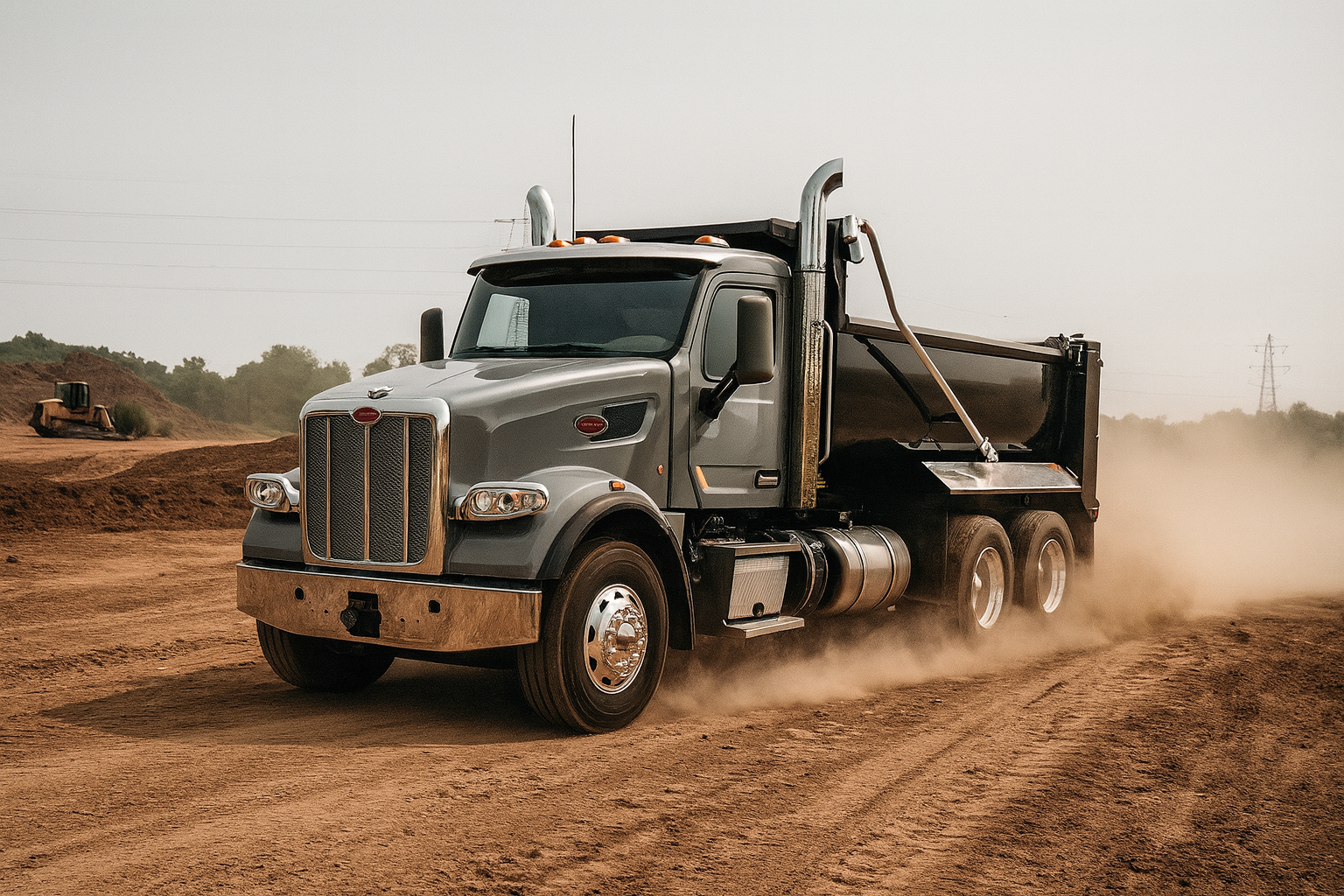 TruckSource home hero dump truck on a dirt jobsite